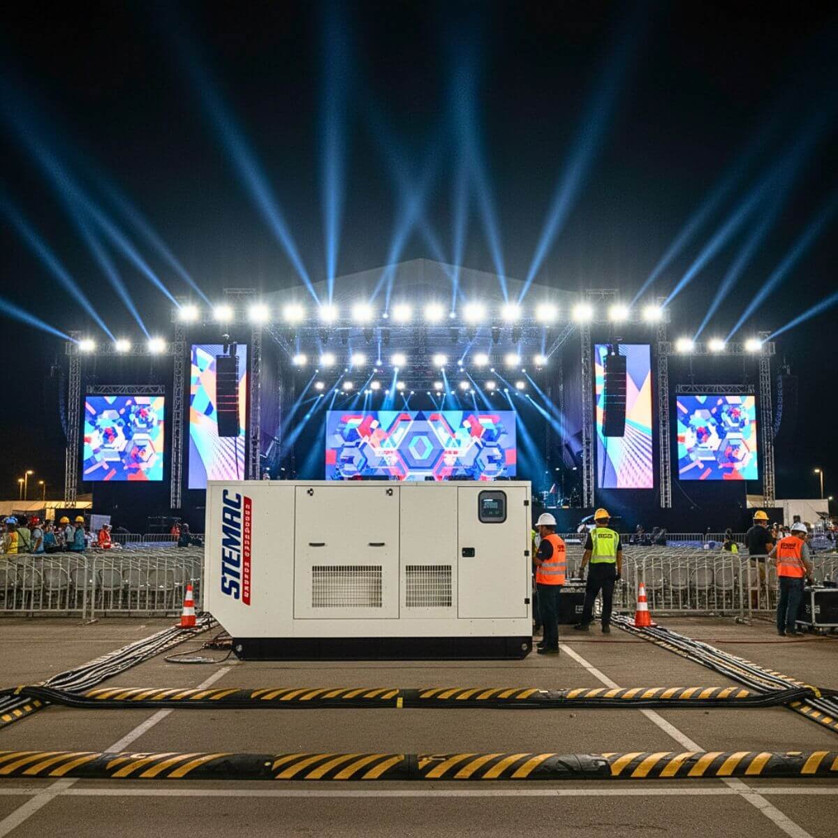 Geradores robustos fornecendo energia para grandes palcos de shows com iluminação complexa.