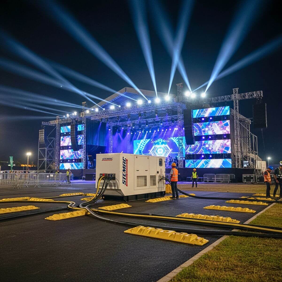Geradores robustos fornecendo energia para grandes palcos de shows com iluminação complexa.